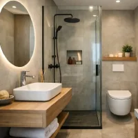 Small bathroom with beige tile walls, a wood floating vanity, glass shower enclosure, round backlit mirror, wall-mounted shelf, and heated towel rack.