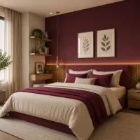 Burgundy bedroom with a wine-red accent wall, upholstered headboard, cream bedding, walnut wood accents, and warm pendant lighting.
