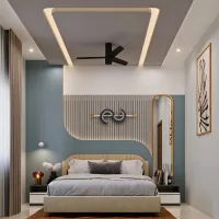 Modern bedroom featuring a teal accent wall, curved beige upholstered bed, vertical wood slat headboard, warm LED ceiling lighting, and minimalist decor.
