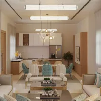 Open-concept dining room connected to a modern kitchen with a warm neutral palette, wood cabinetry, upholstered dining chairs, and contemporary pendant lighting.