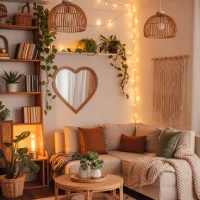 Cozy living room with warm string lights, rattan pendant lamps, a heart-shaped mirror, plants, and a cream sectional sofa.