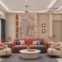 Blush pink luxury living room with curved sofa, marble coffee table, floral wall art, gold accents, and soft neutral furnishings.