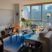 Bright apartment living room with a cream sofa, blue rug, patterned accent chair, plants, and floor-to-ceiling city views.
