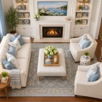 Overhead view of a bright living room with sofas and armchairs arranged around a central ottoman, creating a comfortable conversation area facing a fireplace.