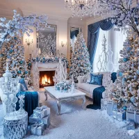 Elegant winter living room decorated with frosted Christmas trees, blue and silver ornaments, white furniture, crystal accents, and a glowing fireplace.