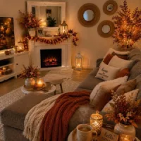 Cozy fall living room with a decorated fireplace, autumn garlands, burnt orange throws, plush pillows, warm candlelight, and seasonal floral arrangements.