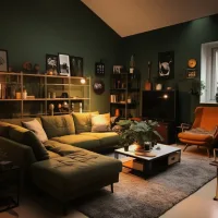 Moody living room with dark green walls, an olive green sectional sofa, warm ambient lighting, black shelving, and an orange accent chair.