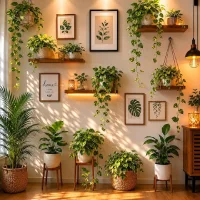 Living room wall decorated with hanging plants, potted greenery, wooden shelves, and botanical artwork in warm natural light.