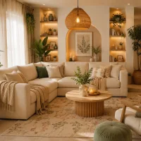 Earthy living room with a cream sectional sofa, wood coffee table, woven pendant light, plants, and warm neutral decor.