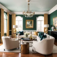 Elegant green living room with arched windows, cream sofas, gold accents, and natural wood flooring.