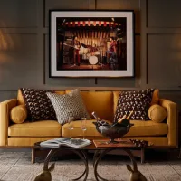 Warm living room with a mustard sofa, gray paneled wall, patterned brown pillows, framed artwork, and a sculptural wooden coffee table.