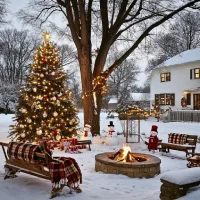 Snow-covered backyard with a decorated Christmas tree, warm string lights, fire pit, and cozy plaid seating