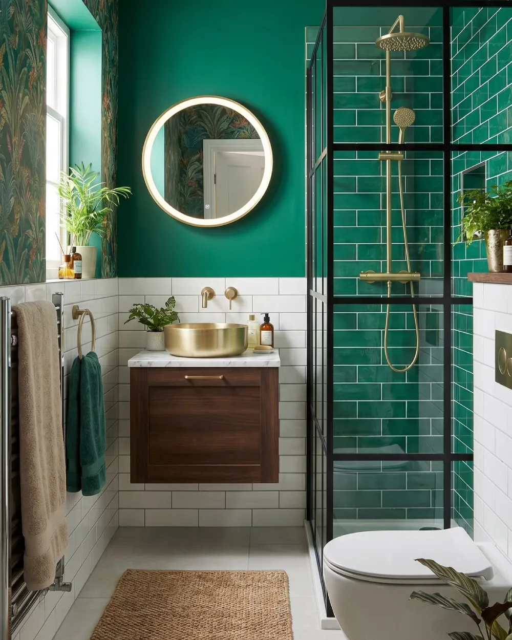 small green bathroom with emerald wall paint, green shower tiles, gold fixtures, and a dark wood vanity