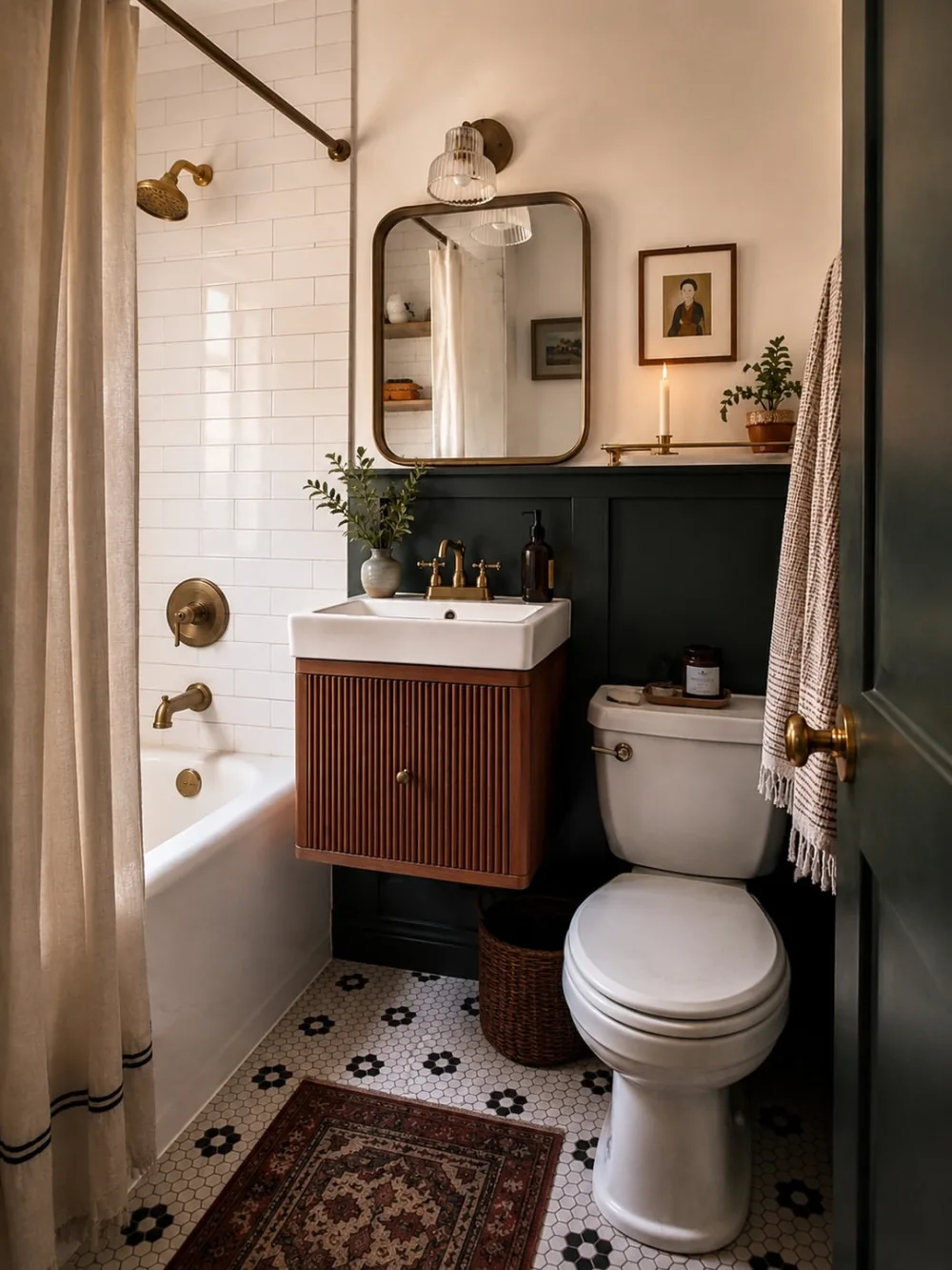 small bathroom with white subway tile, black wall paneling, wood vanity, bathtub, and brass fixtures