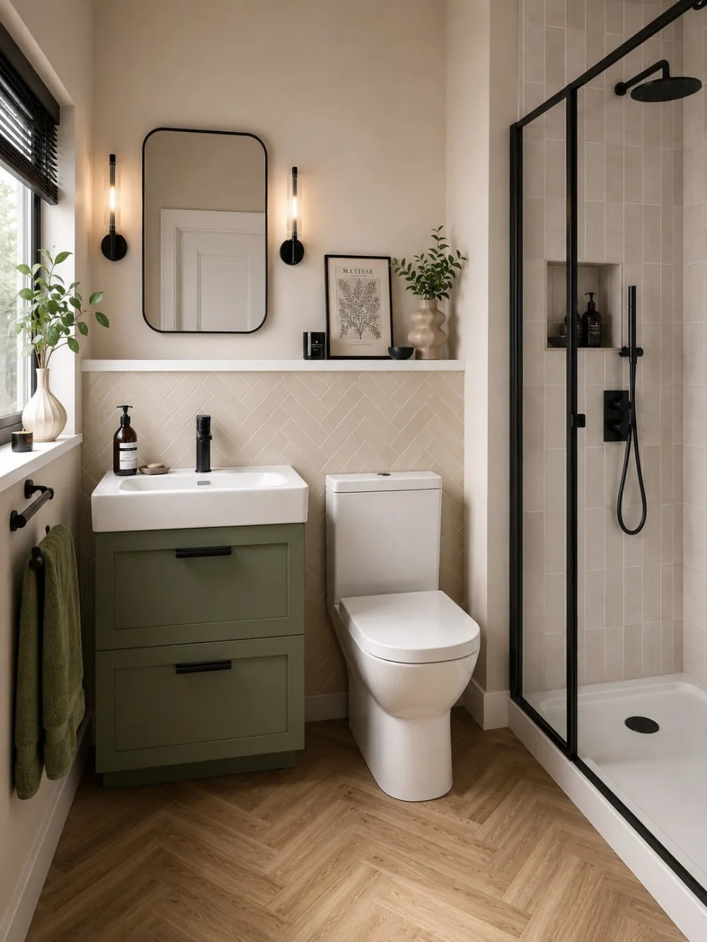 small neutral bathroom with beige herringbone tile, green vanity, black framed shower, and wood-look floor