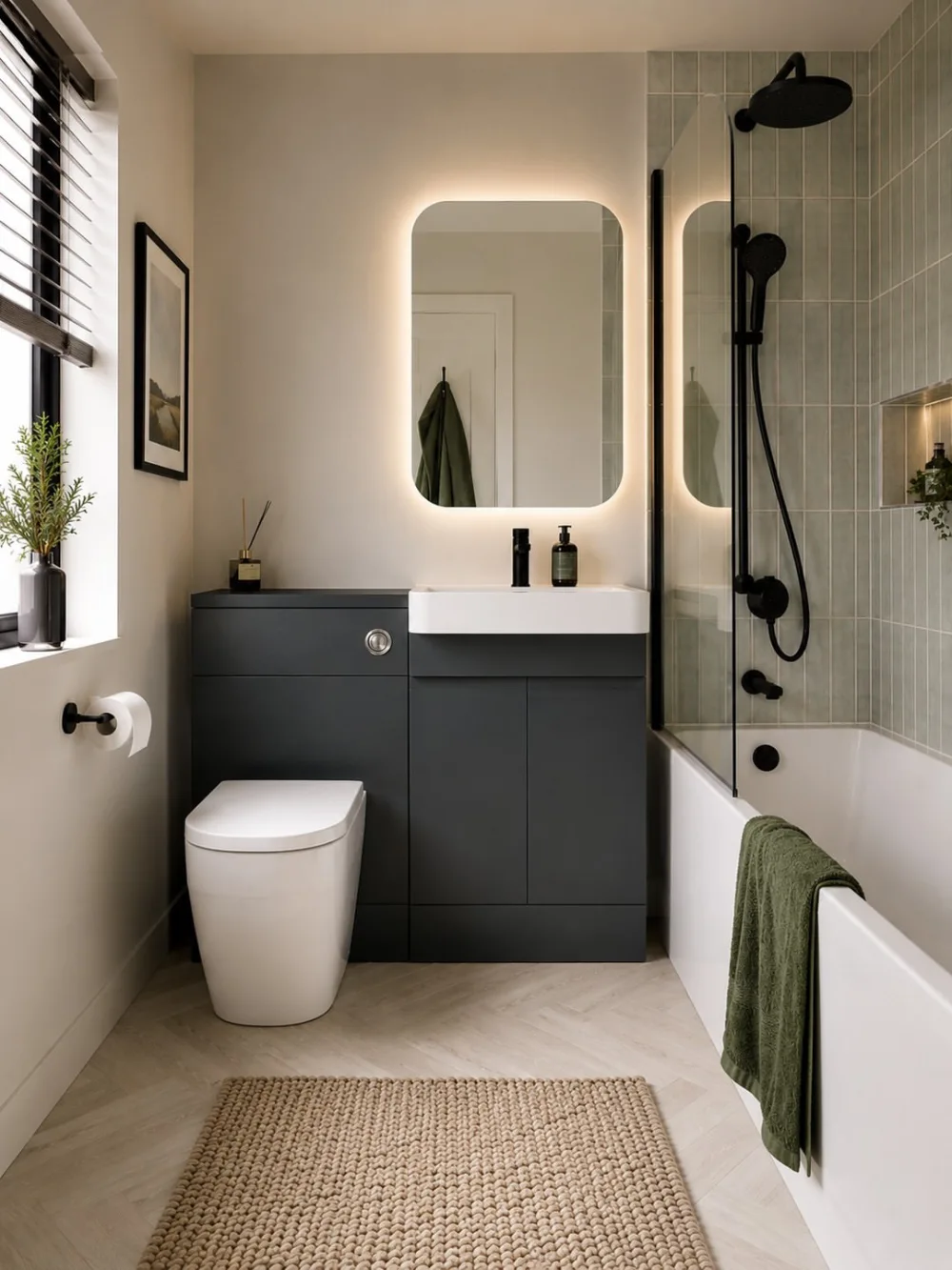 small bathroom with backlit rounded mirror, dark vanity, bathtub, and soft green vertical shower tiles