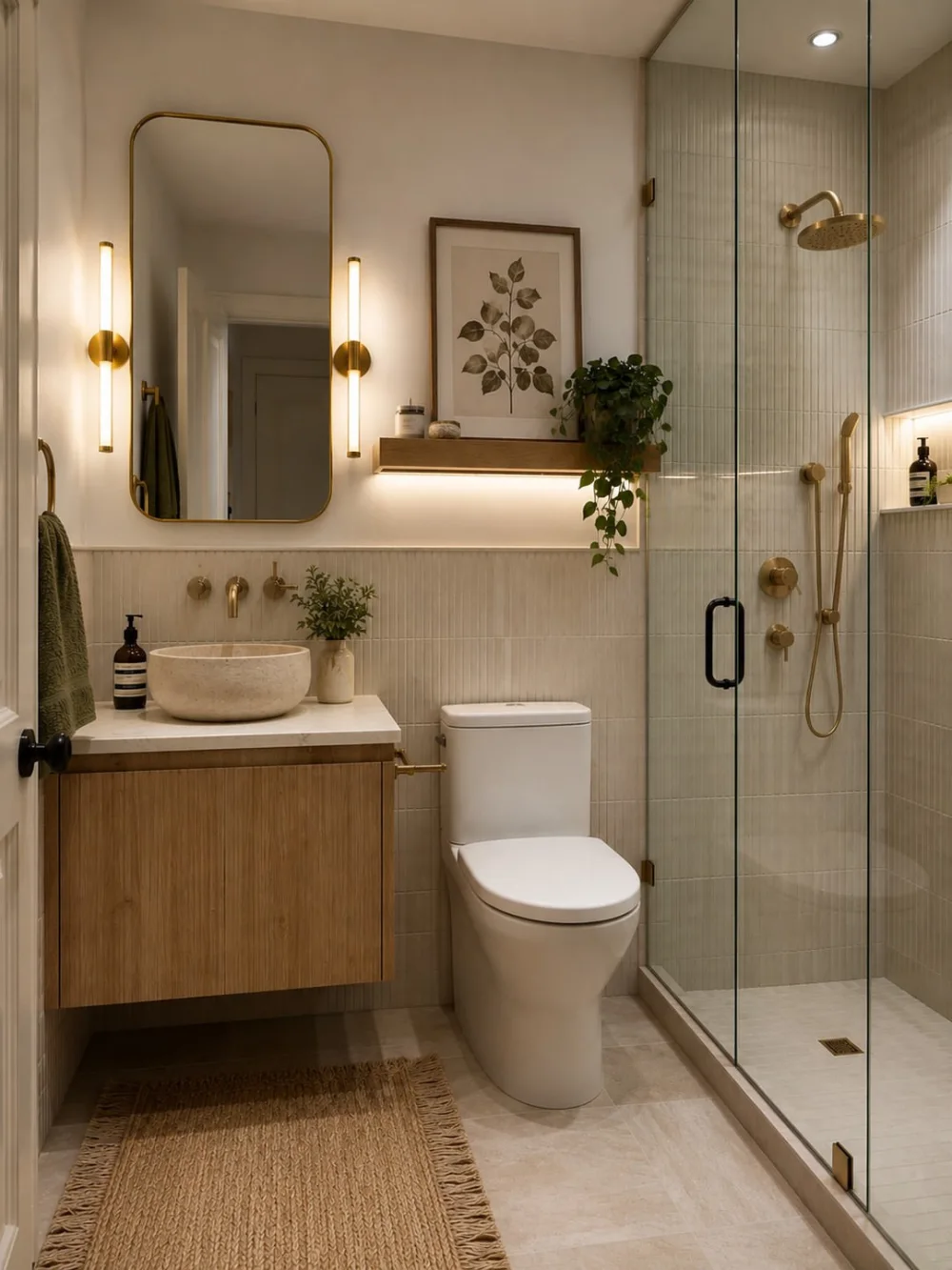 small bathroom with vertical textured wall tiles, wood vanity, glass shower, and brass fixtures