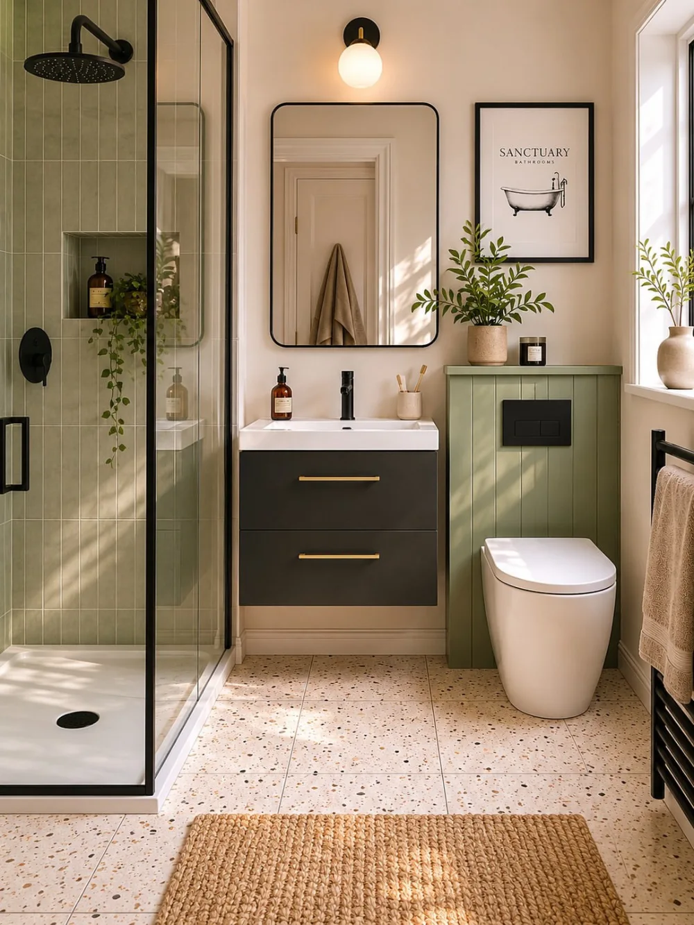 small bathroom with dark vanity, pale green shower tile, illuminated mirror, and white bathtub