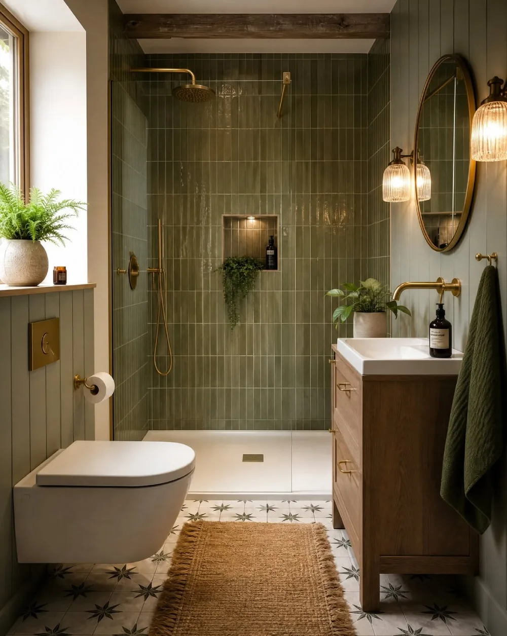 small bathroom with wall-to-wall green tiled shower, wall-mounted toilet, wood vanity, and patterned floor