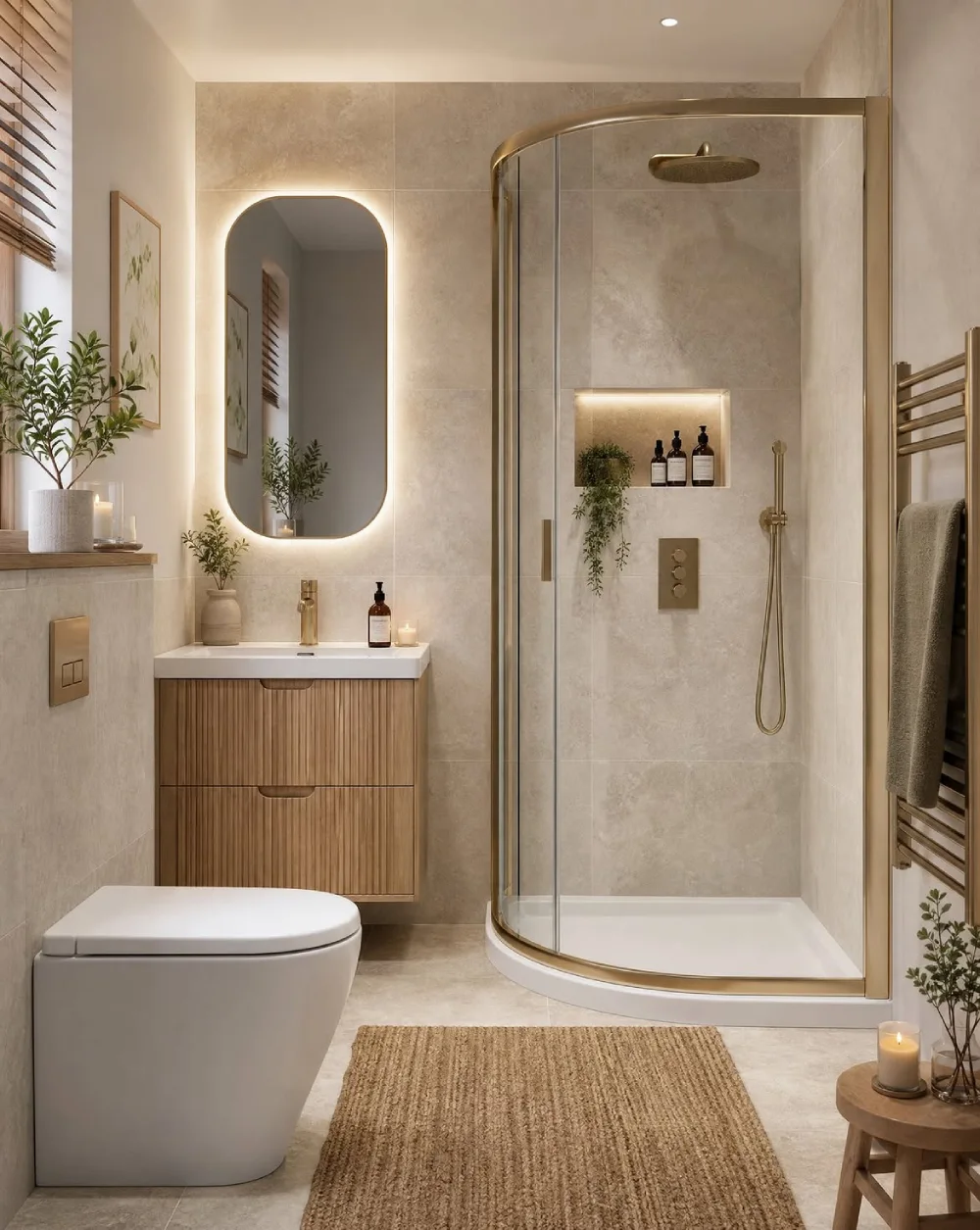 small beige bathroom with curved glass shower enclosure, floating wood vanity, and backlit mirror