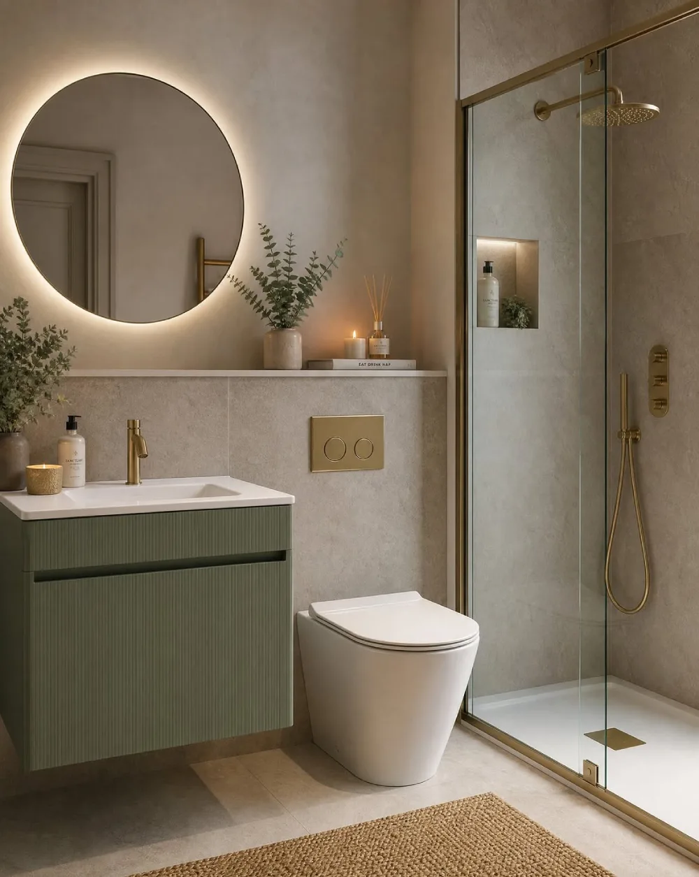 small bathroom with sage green floating vanity, round backlit mirror, beige tile, and glass shower