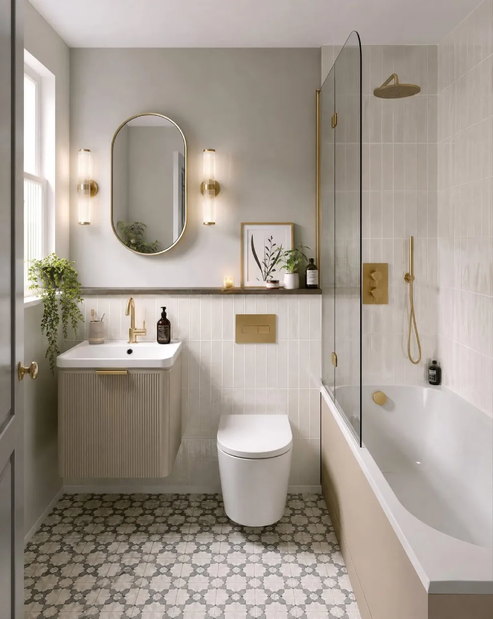 small bathroom with white vertical tiles, compact fluted vanity, bathtub, and brass fixtures