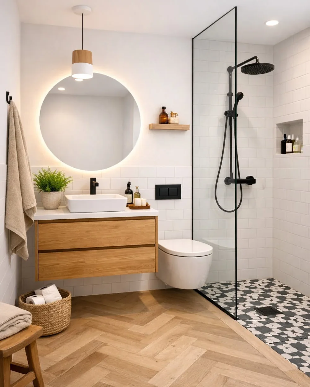 small bathroom with floating wood vanity, round illuminated mirror, white subway tiles, and walk-in shower