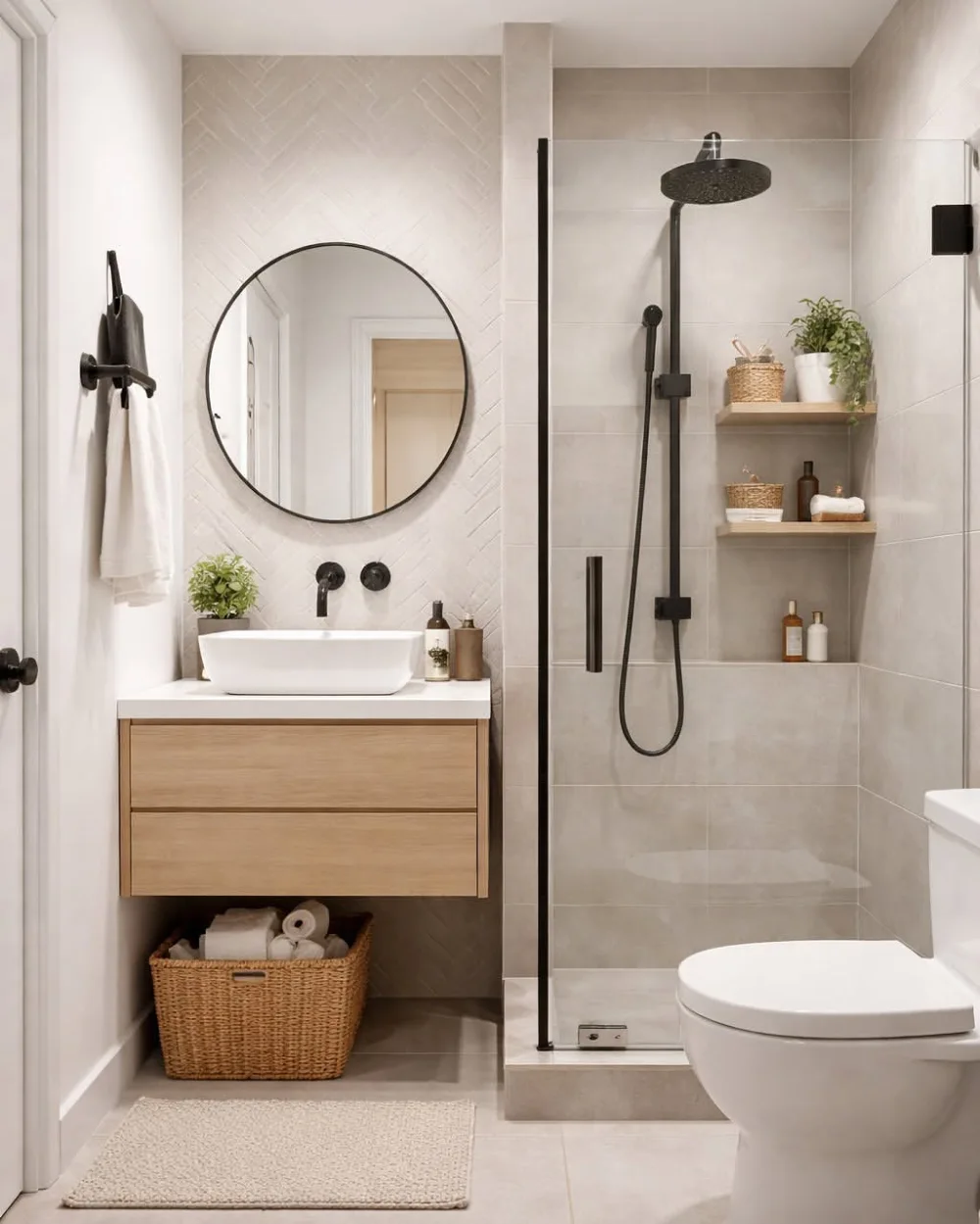 small bathroom with wall-mounted wood vanity, round mirror, walk-in shower, and woven storage basket