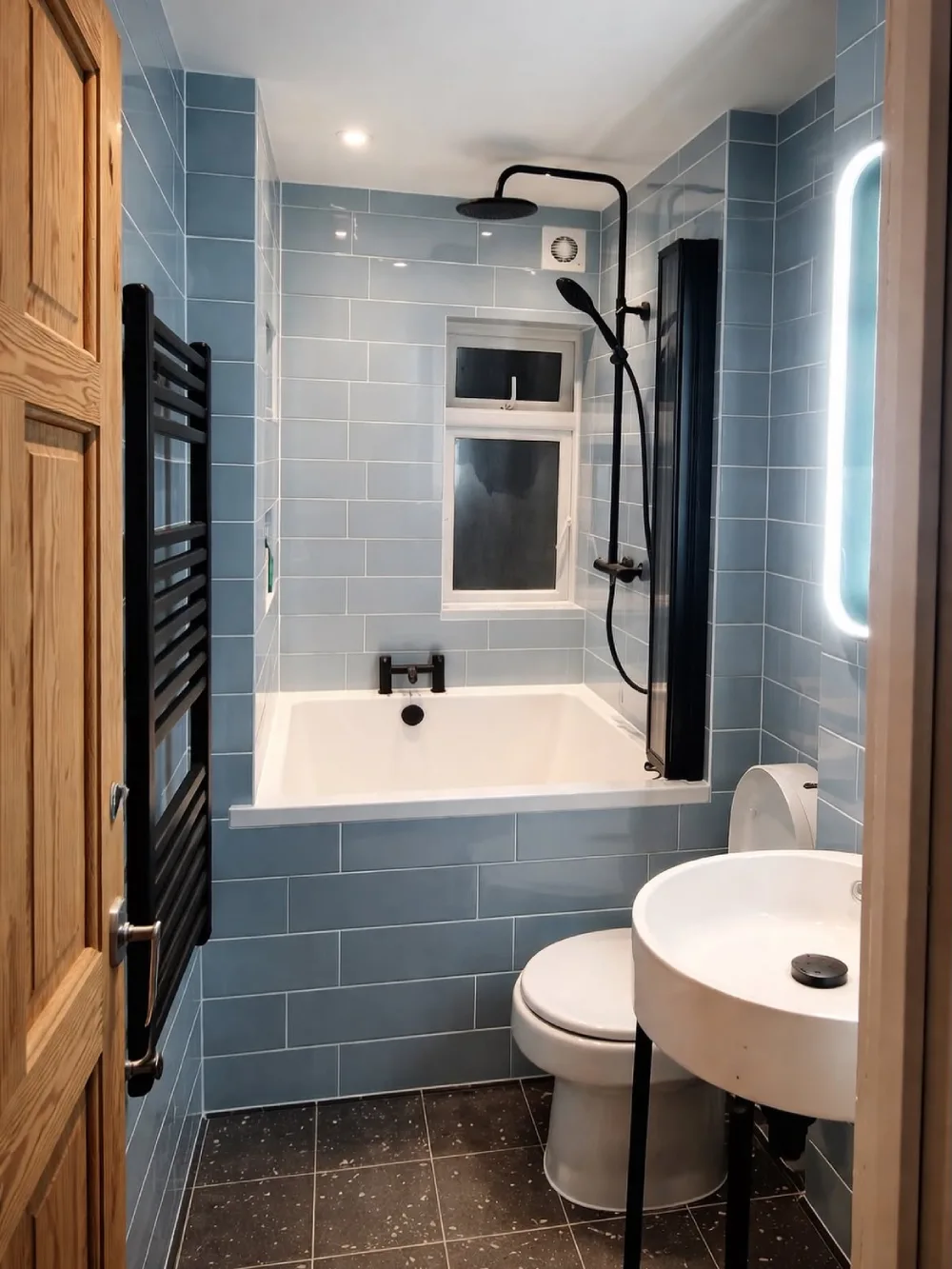 small bathroom with light blue subway tiles, compact bathtub, black shower fixtures, and a wall-mounted sink