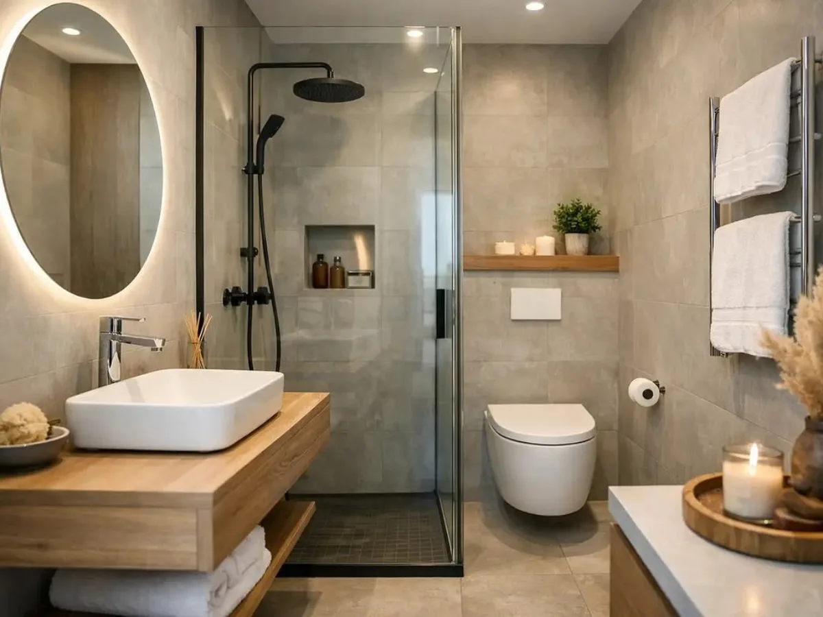 Small bathroom with beige tile walls, a wood floating vanity, glass shower enclosure, round backlit mirror, wall-mounted shelf, and heated towel rack.