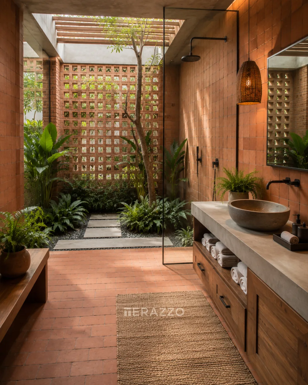 open-concept bathroom with terracotta tile walls, tropical garden, wood vanity, and skylight