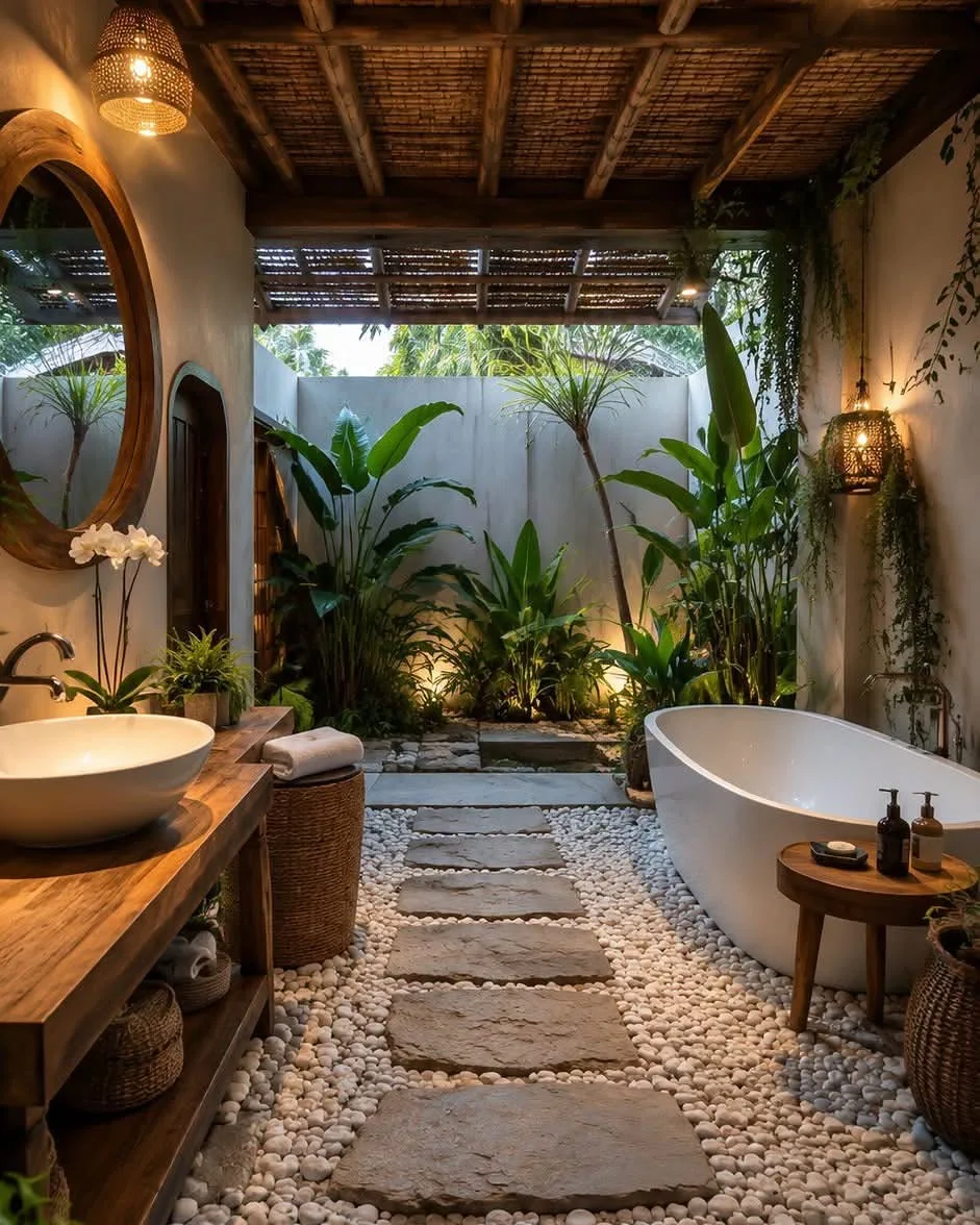 tropical open-concept bathroom with freestanding bathtub, pebble floor, lush plants, and wood vanity