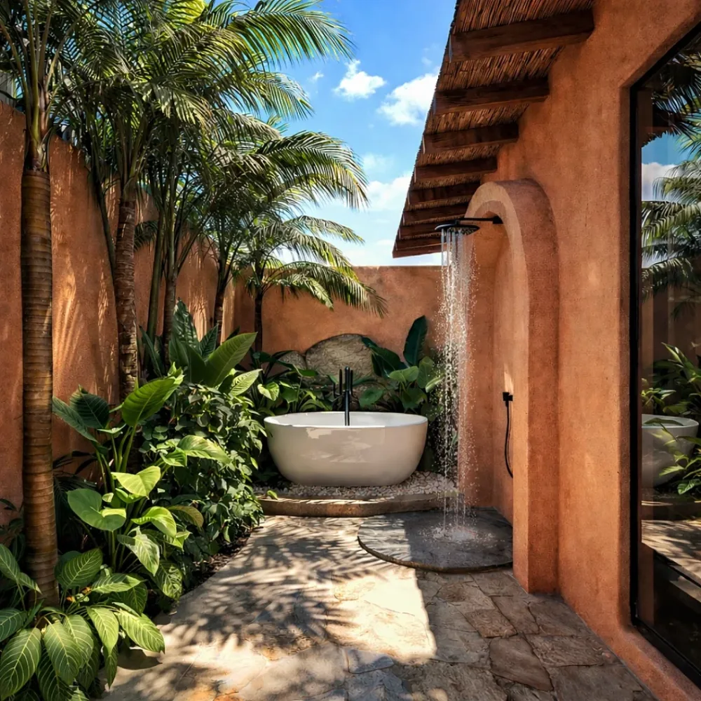 open-concept tropical bathroom with freestanding tub, tropical greenery, stone wall, and wood vanity