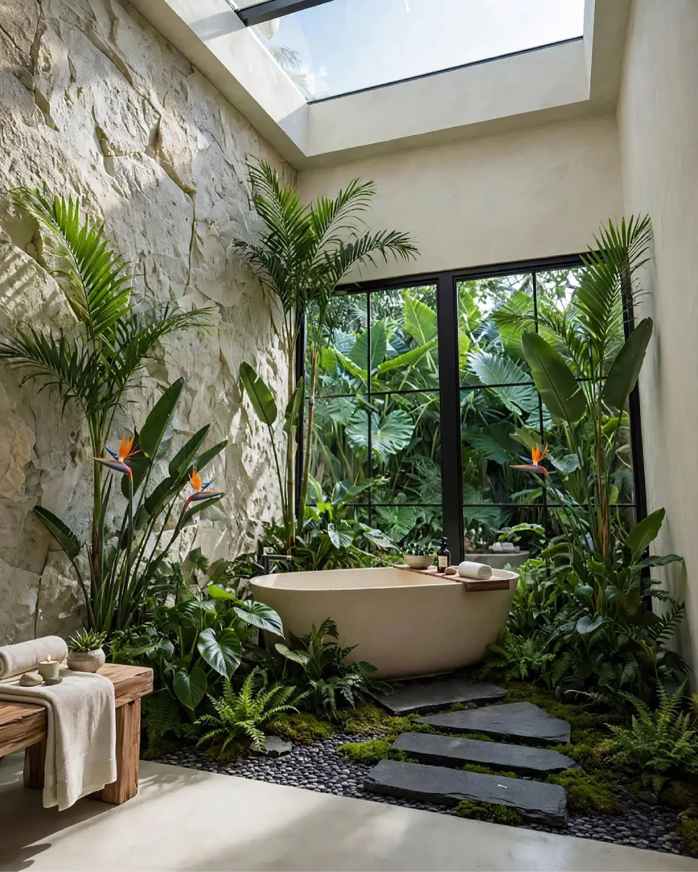 airy bathroom with freestanding bathtub, glass garden wall, skylight, and tropical plants