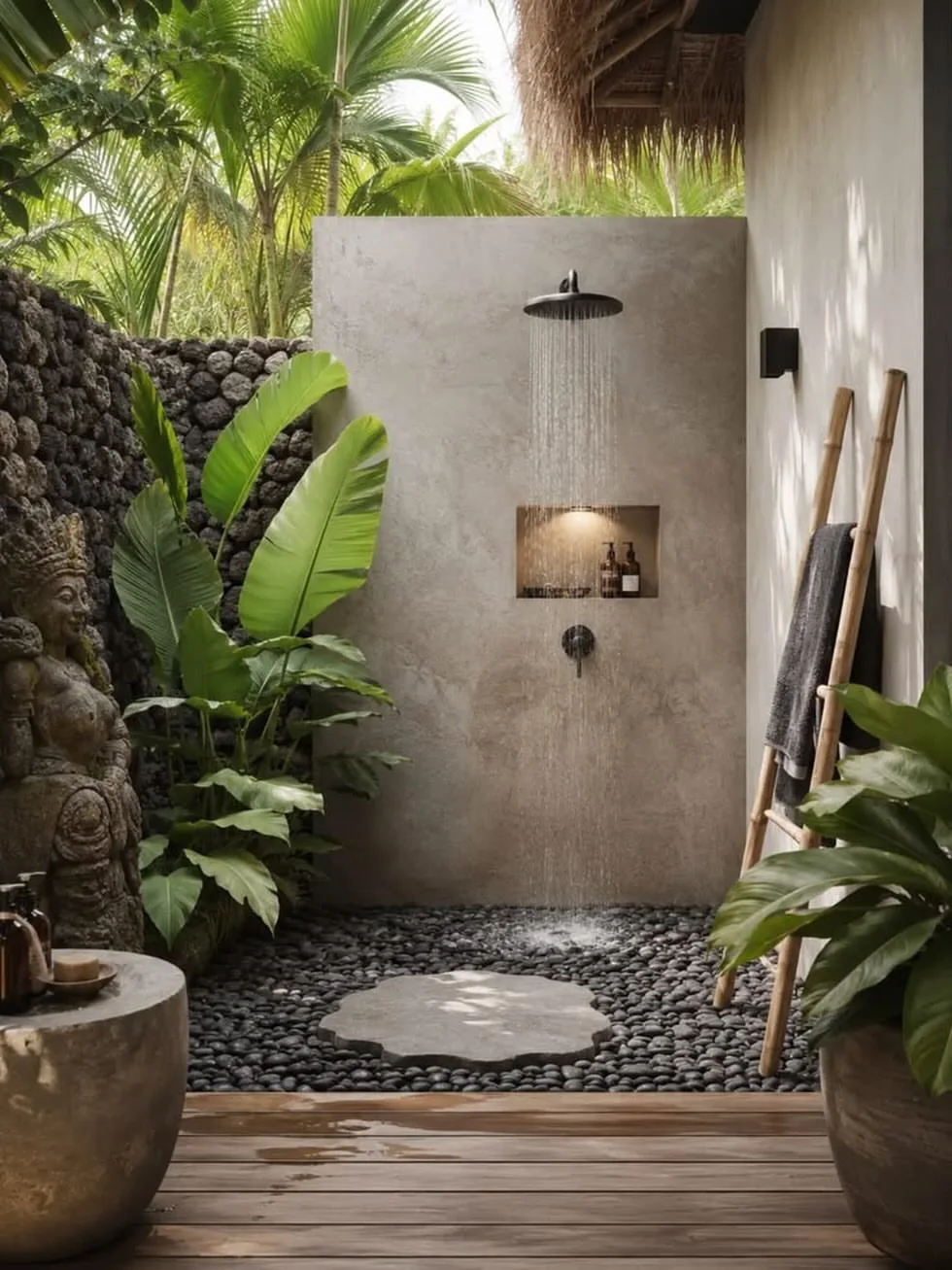 open-air bathroom shower with a concrete wall, black pebble floor, tropical plants, and stone accents