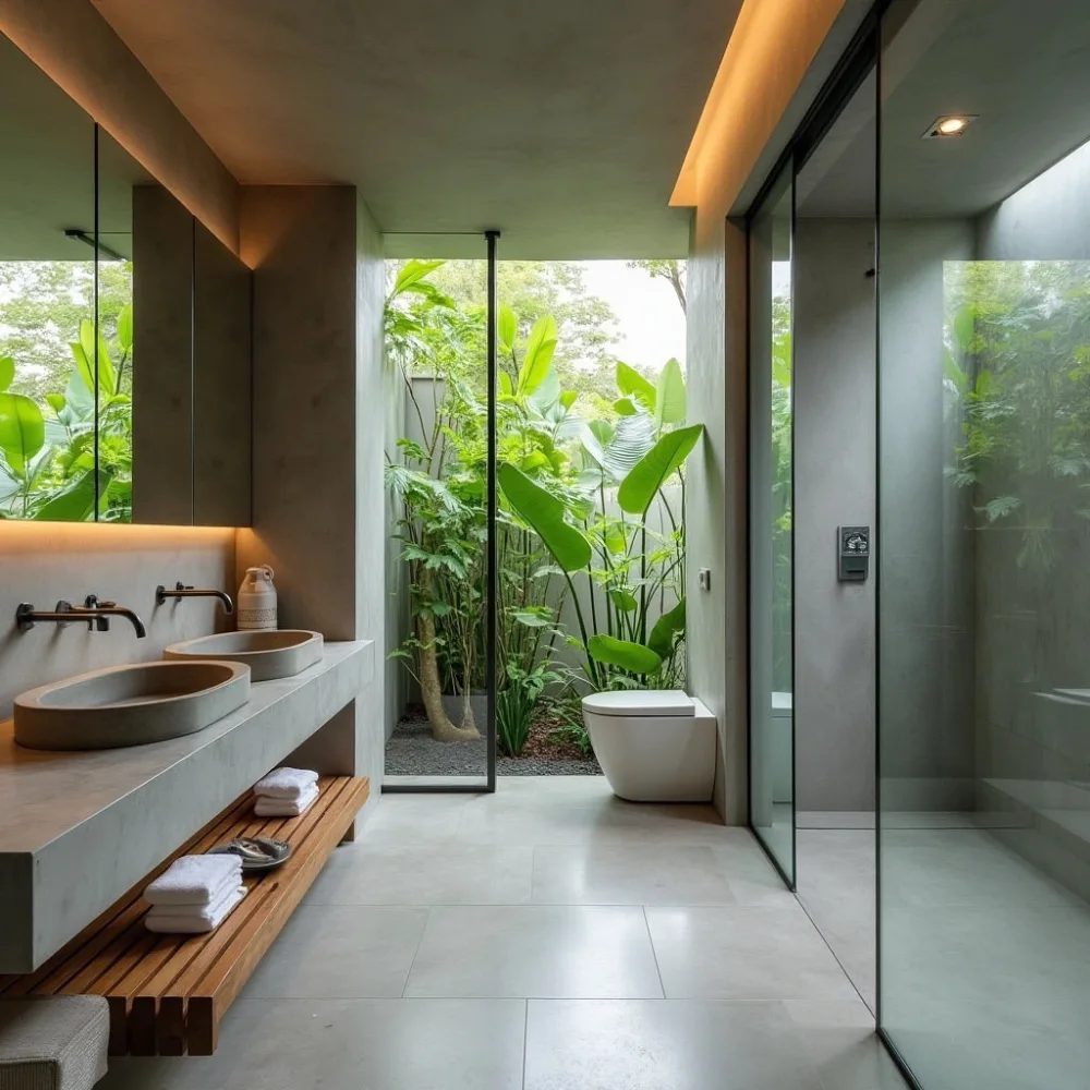 modern open bathroom with double vessel sinks, glass shower, tropical garden, and concrete finishes