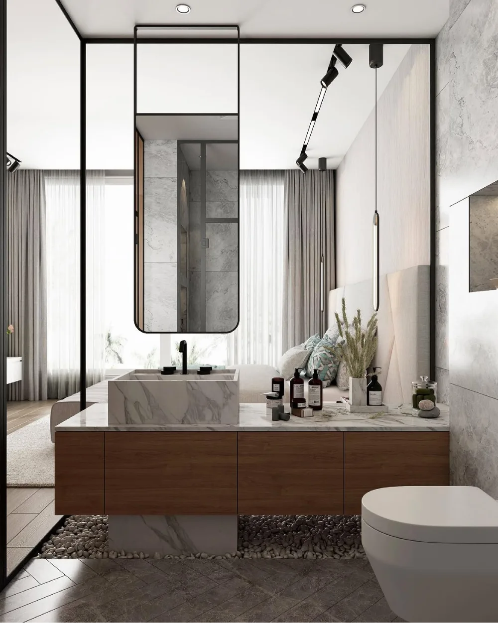 open-concept bathroom connected to a bedroom with a glass shower enclosure and marble vanity