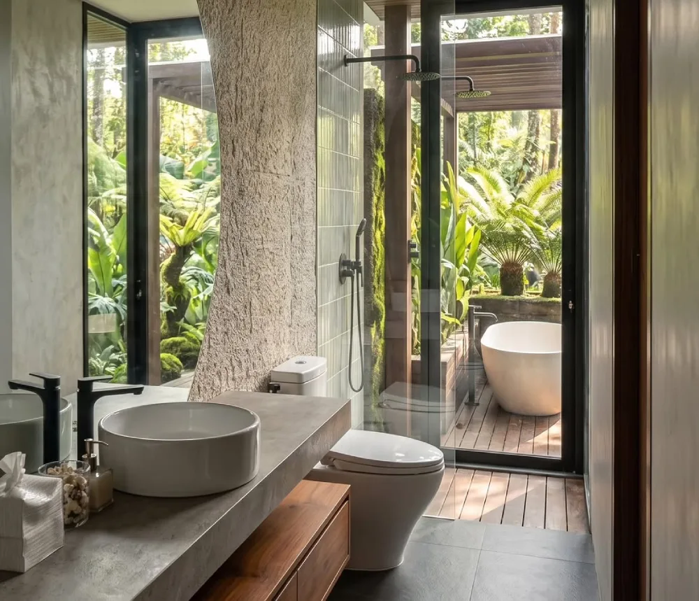 open bathroom with glass doors leading to a tropical garden deck and freestanding bathtub
