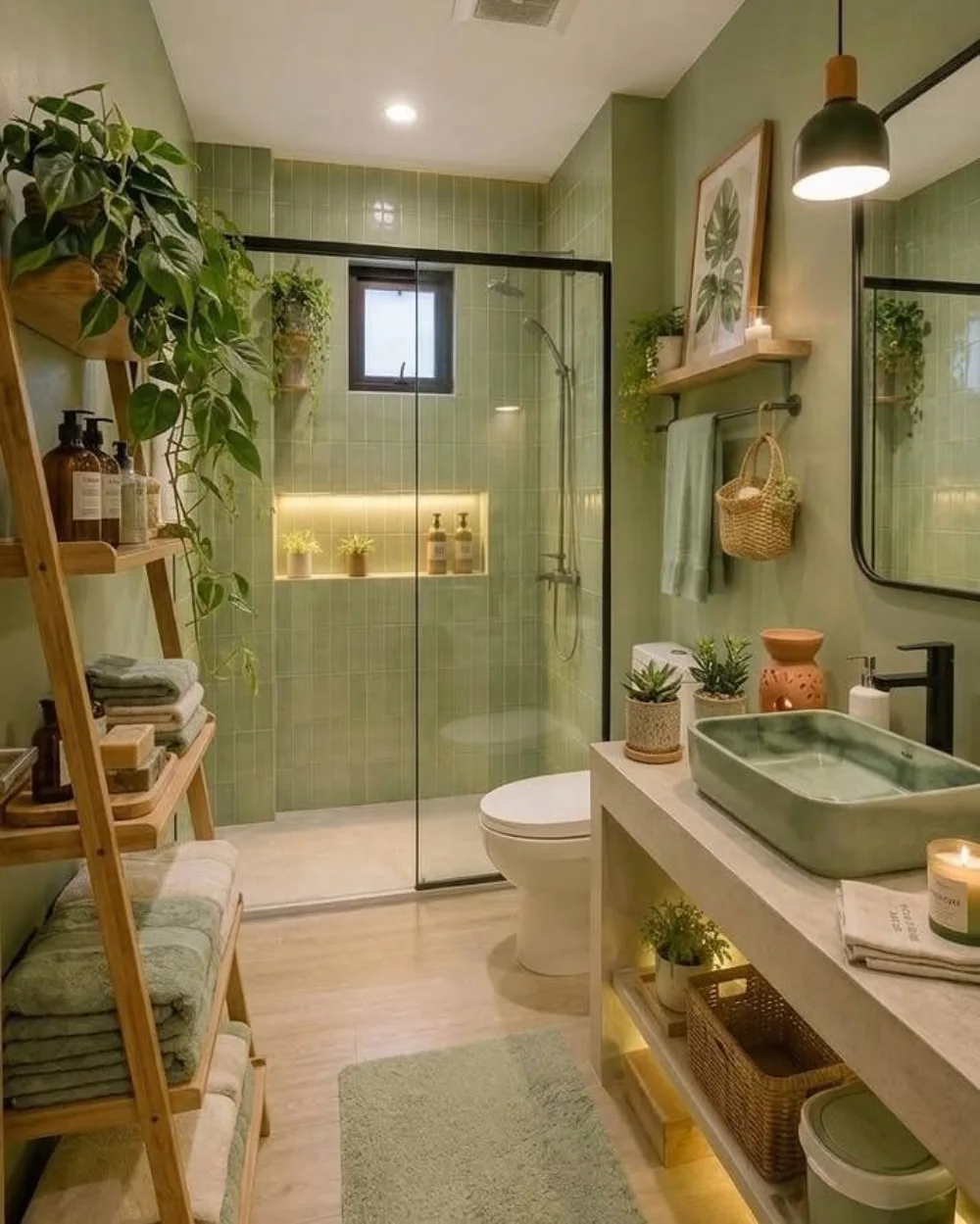 Calm green bathroom with plants on shelves and a wooden ladder