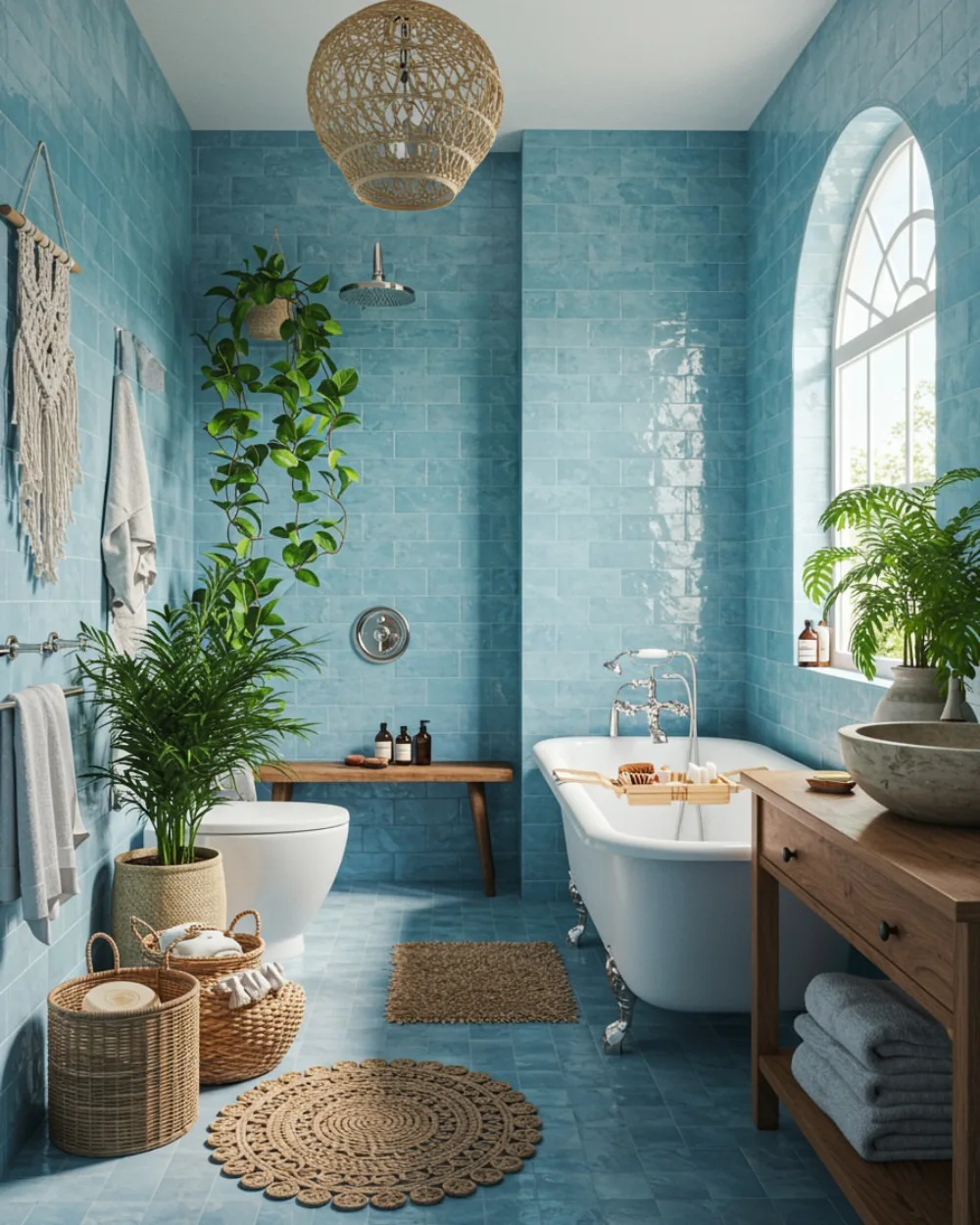 Blue bathroom with leafy plants and a hanging vine near the bathtub