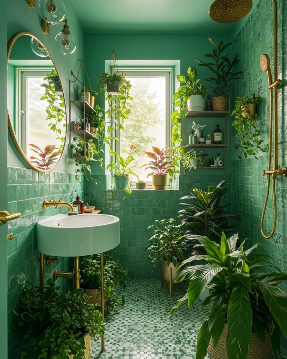 Green tiled bathroom filled with hanging and potted plants