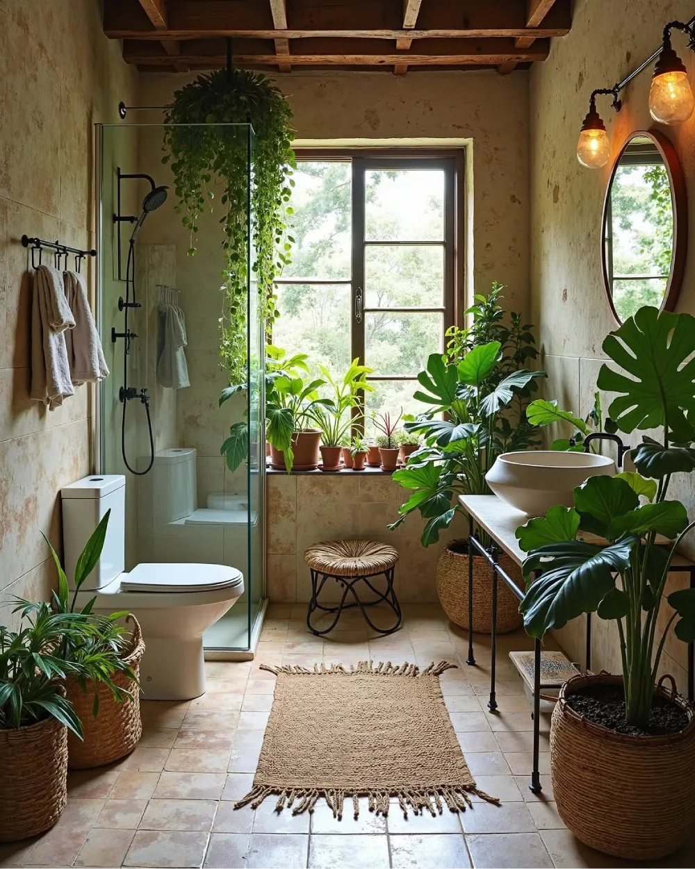 Rustic bathroom filled with tropical plants in woven baskets