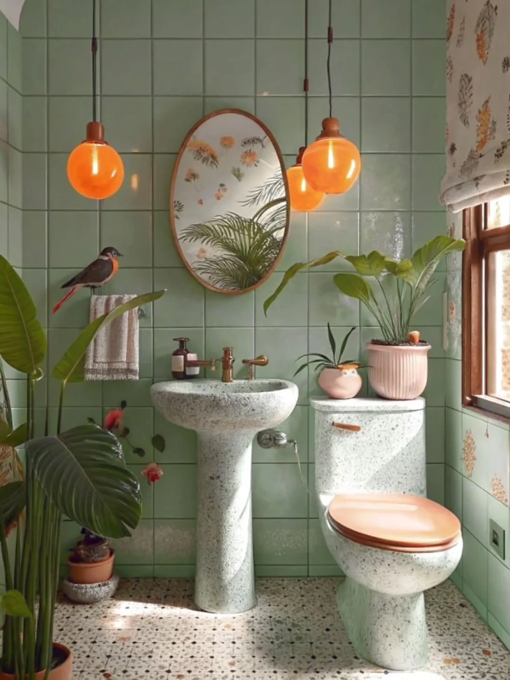 Colorful green bathroom with tropical plants and warm orange lighting