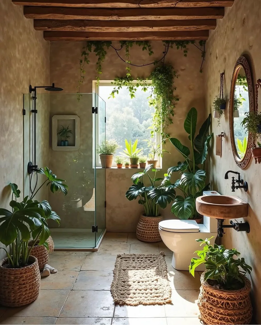 Warm rustic bathroom filled with tropical plants and hanging vines