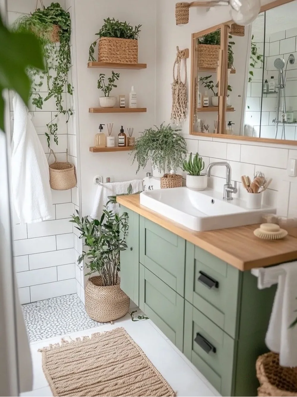 Light bathroom with trailing plants on shelves and around the vanity