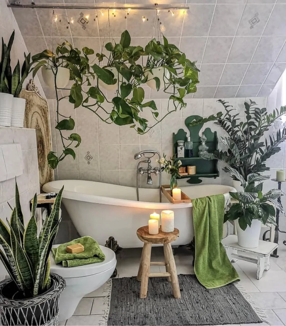 Bathroom with hanging vines and potted plants around a bathtub