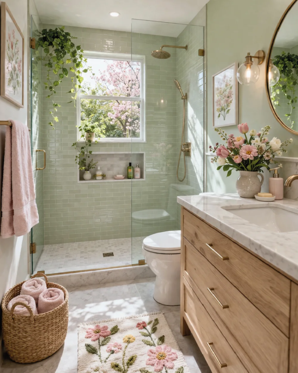 Soft green bathroom with a trailing plant beside the shower window