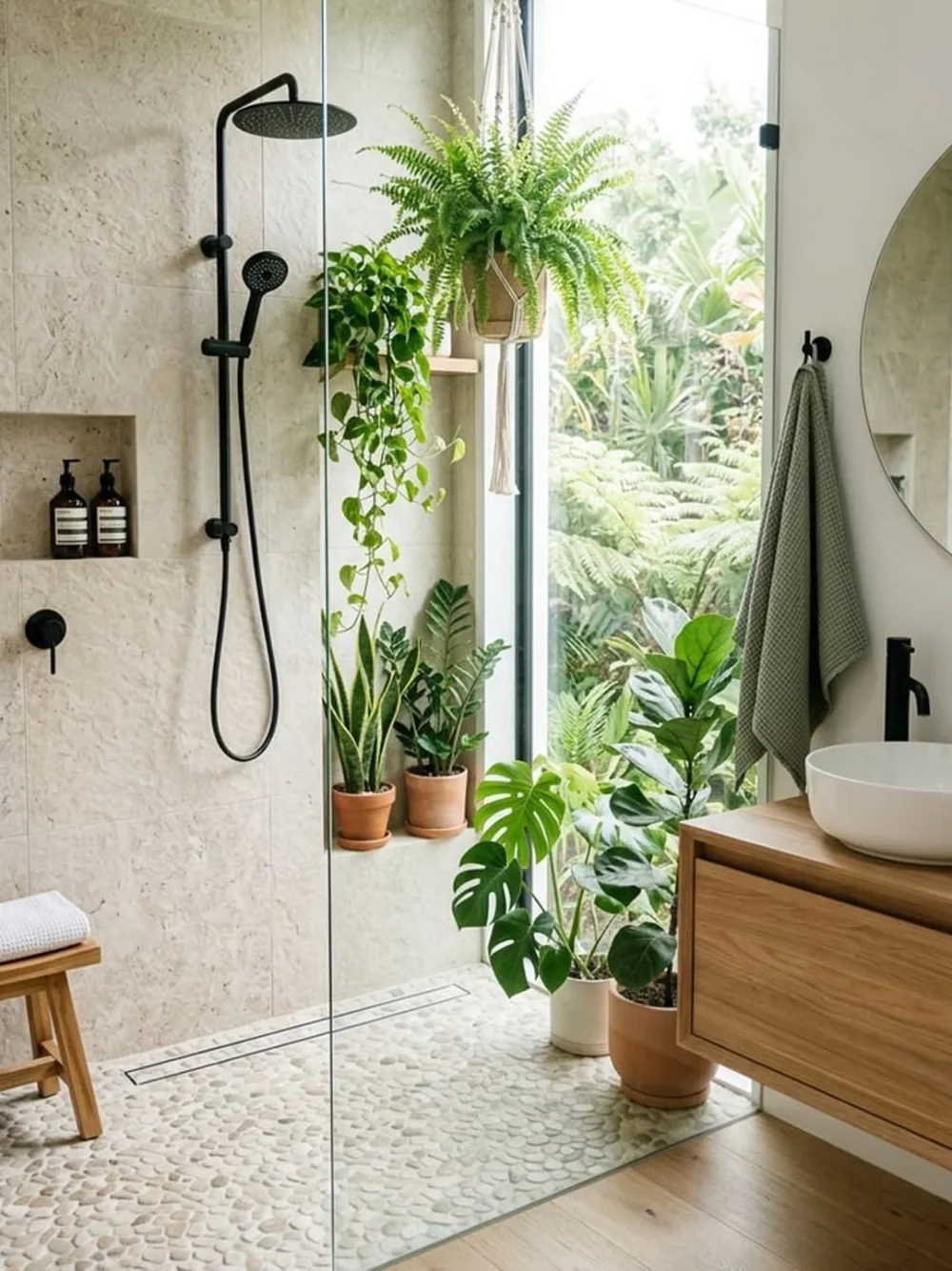 Modern bathroom with plants arranged around a large window