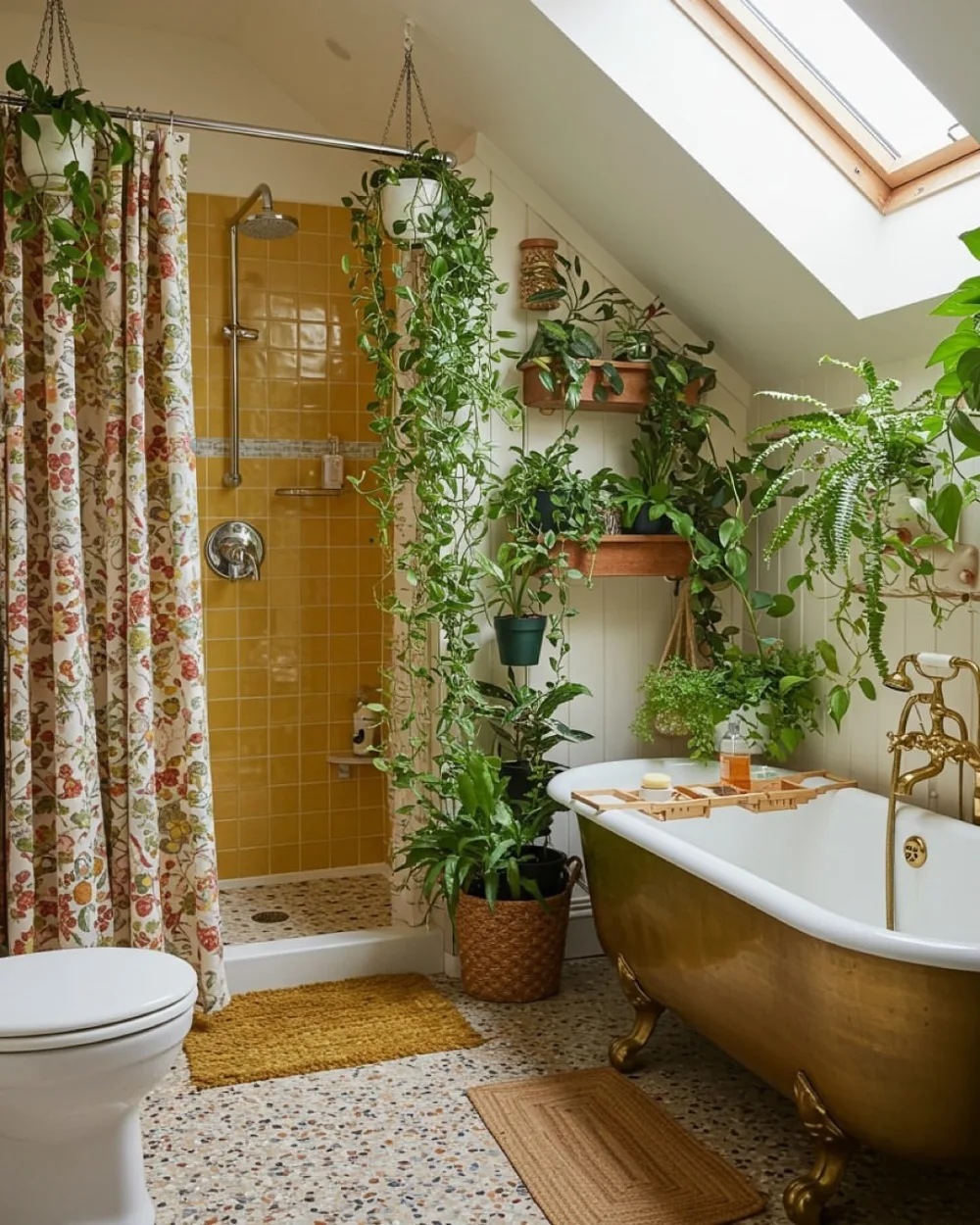 Vintage bathroom filled with hanging and potted green plants