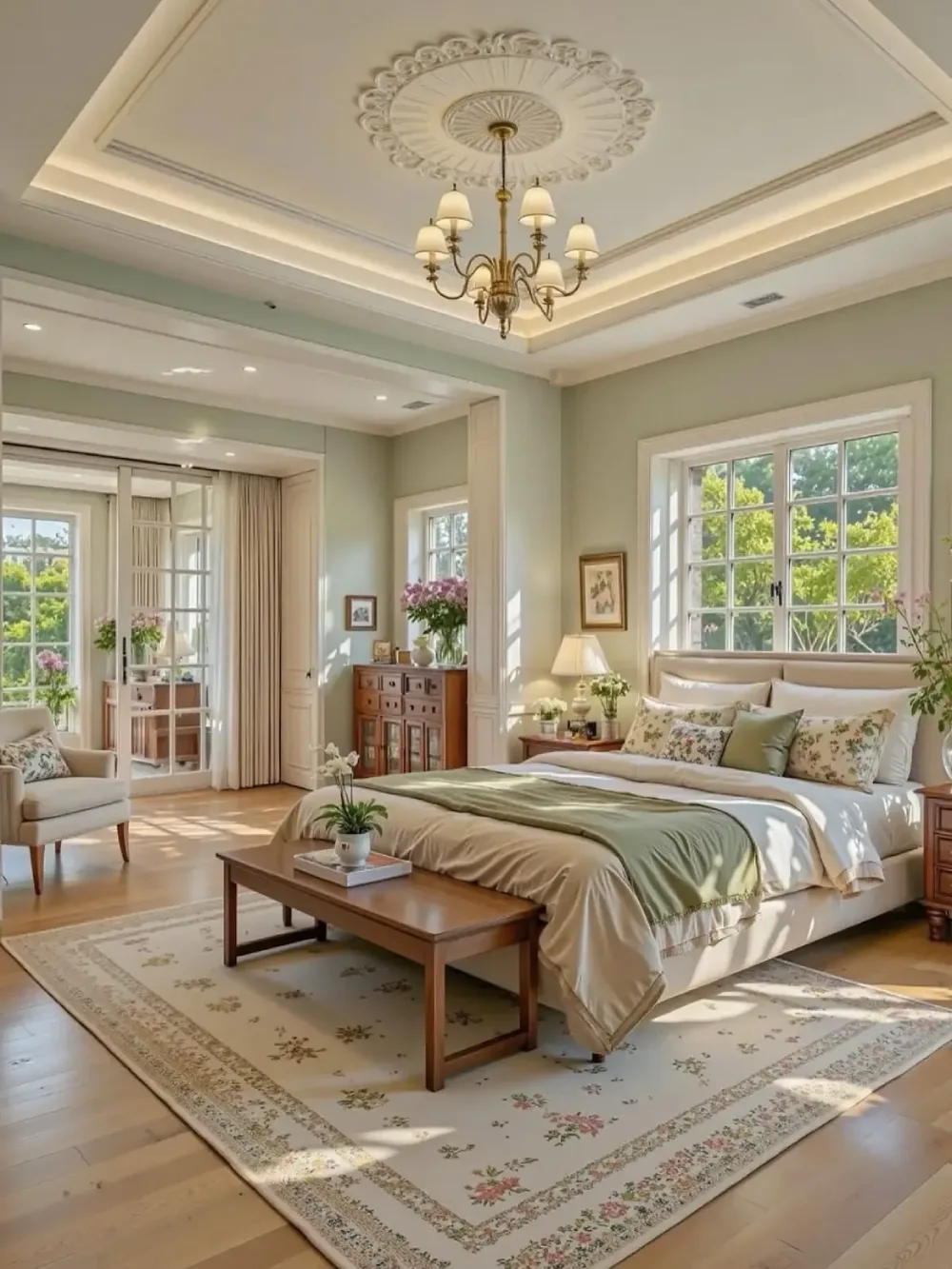 elegant bedroom with muted green walls, floral rug, cream bedding, and classic wood furniture